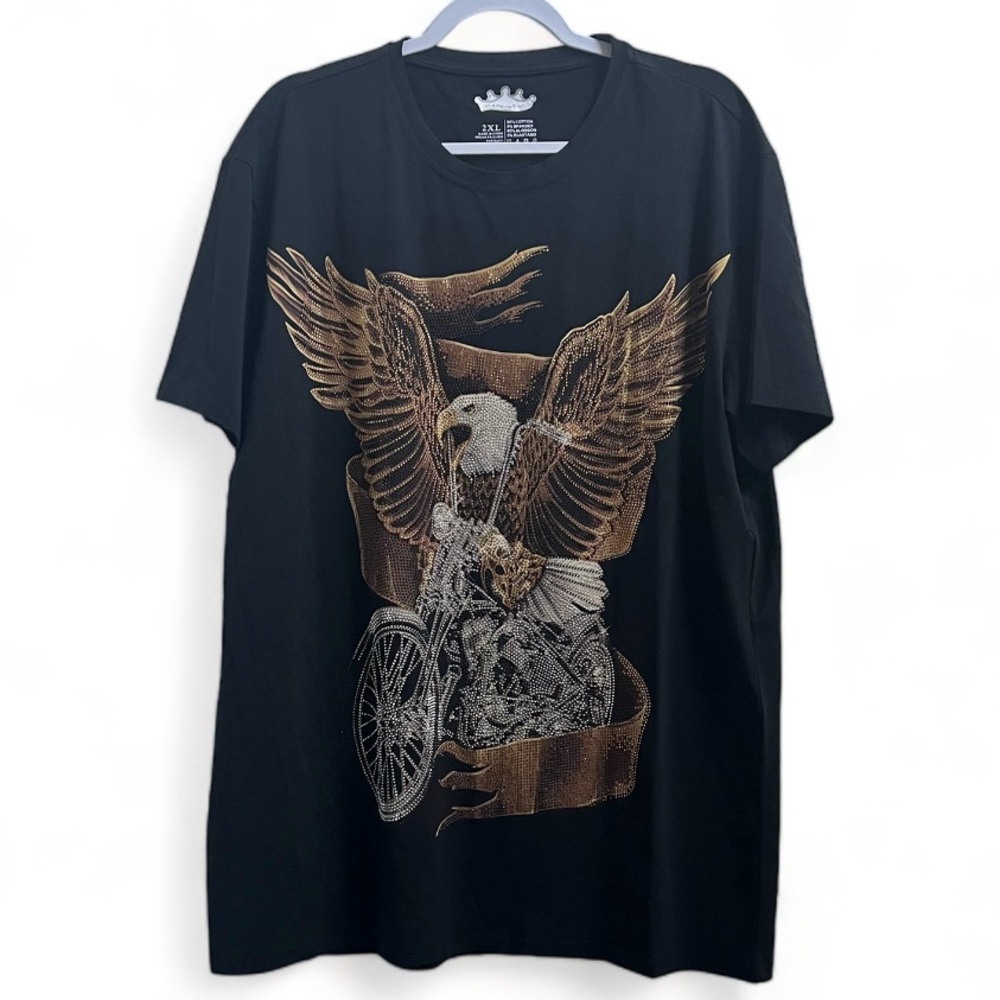 NWT HEADS OR TAILS Rhinestone Studded Graphic Printed Black T-Shirt Riding Eagle